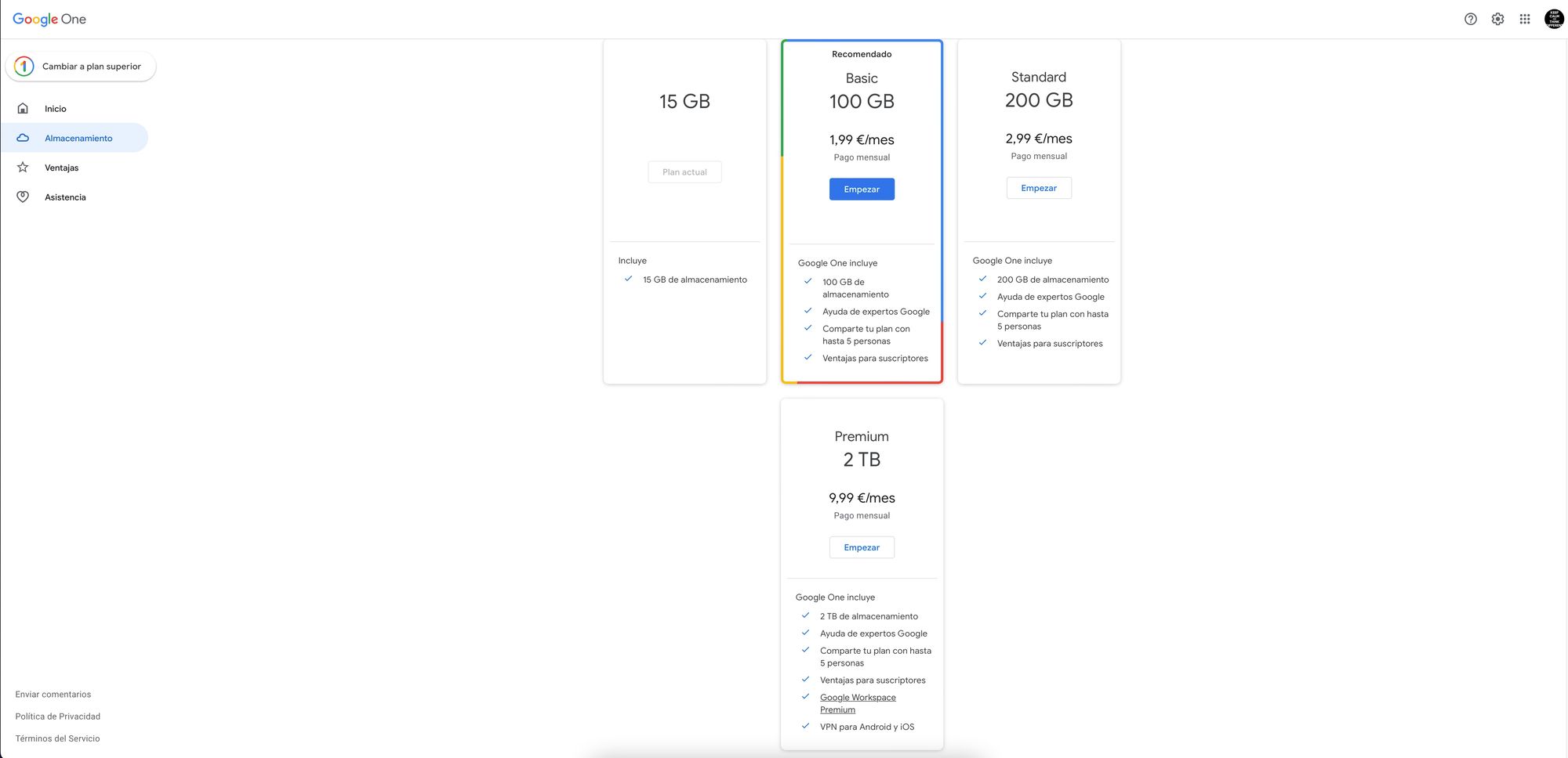 precios y capacidades de Google one