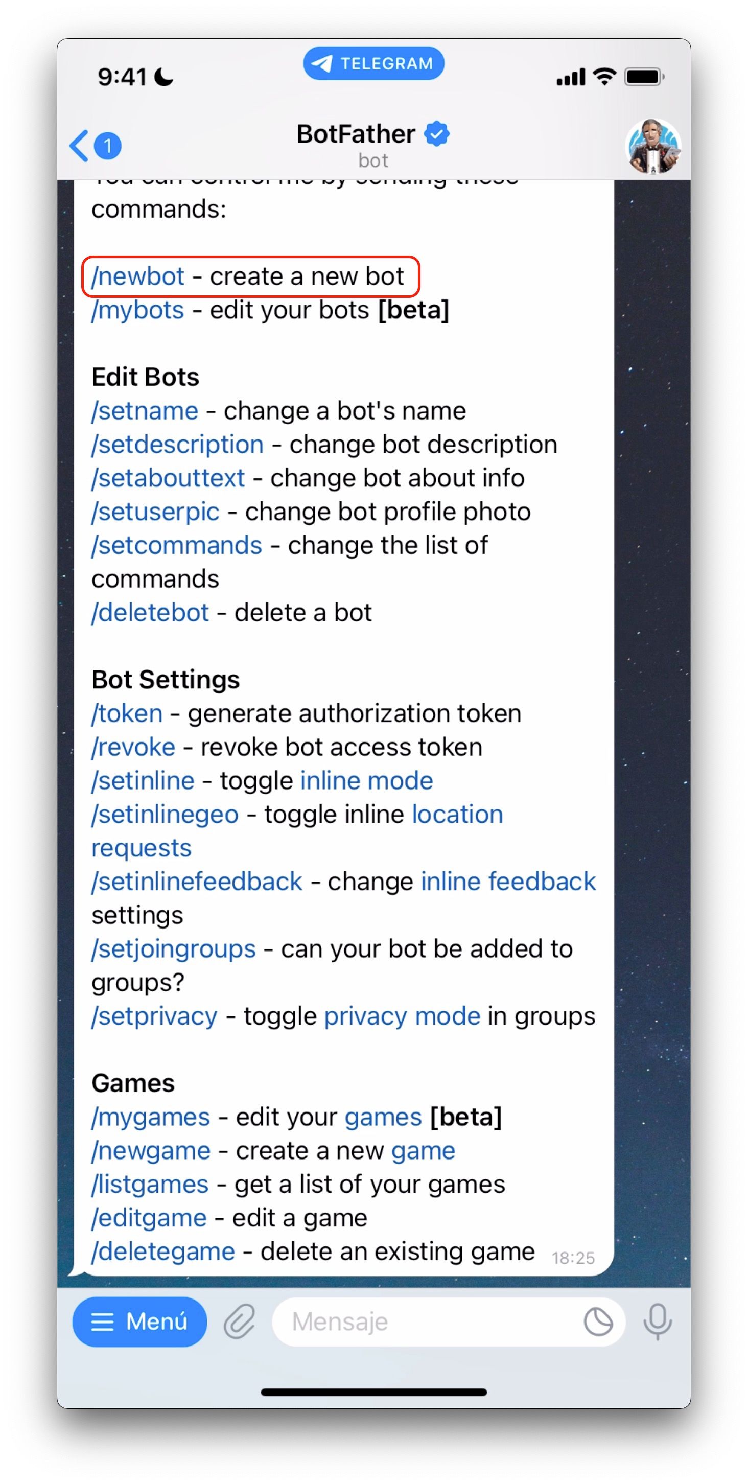 Conversación inicial con @botfather para crear nuevo bot