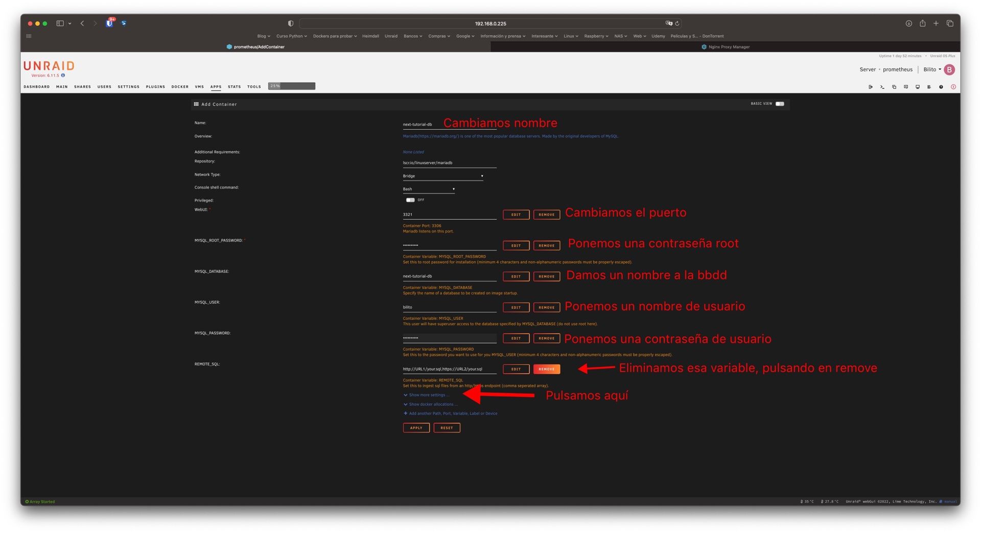 Parámetros configuración del contenedor de mariadb