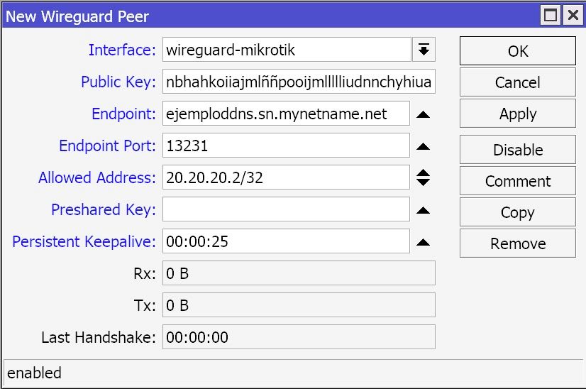 Configuración peer en el mikrotik