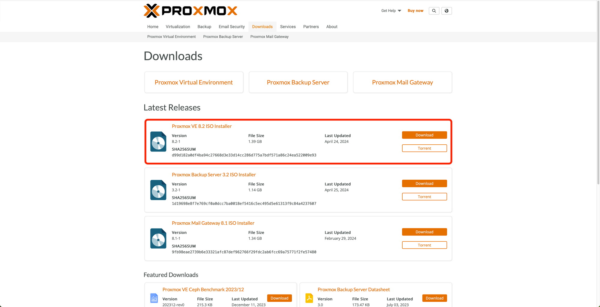 ventana de descarga de la version de Proxmox ve
