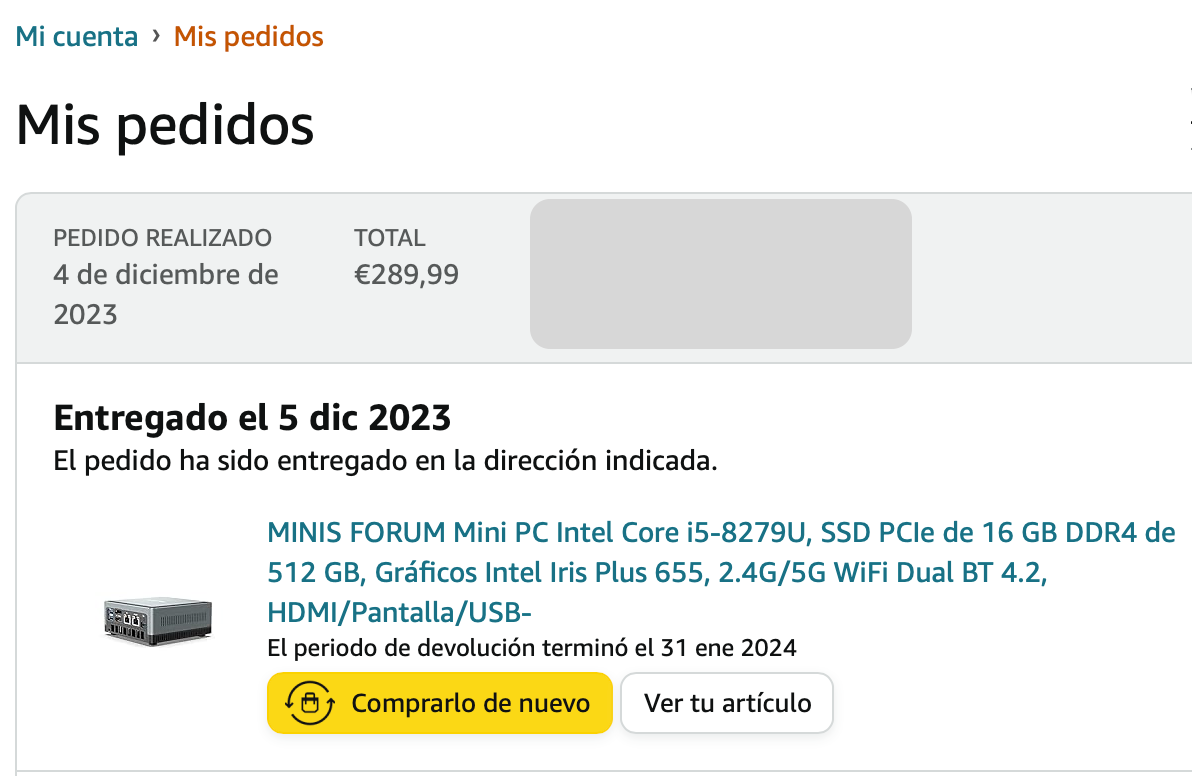 Minis Forum U820 comprado en Amazon por 289,99€