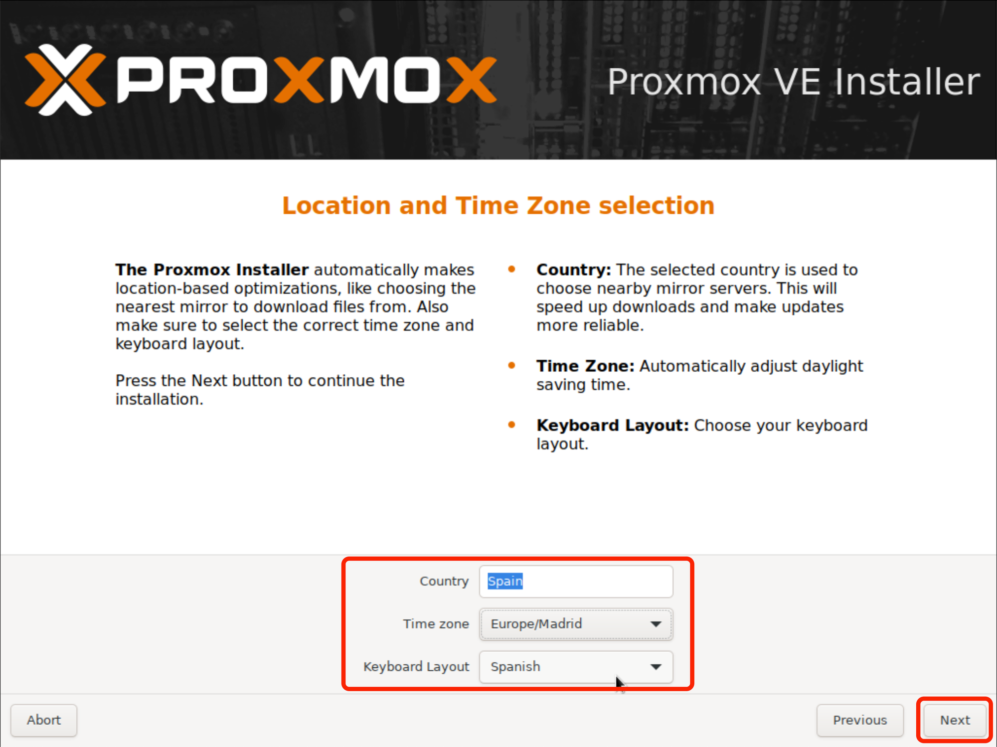 opciones regionales de configuración de Proxmox