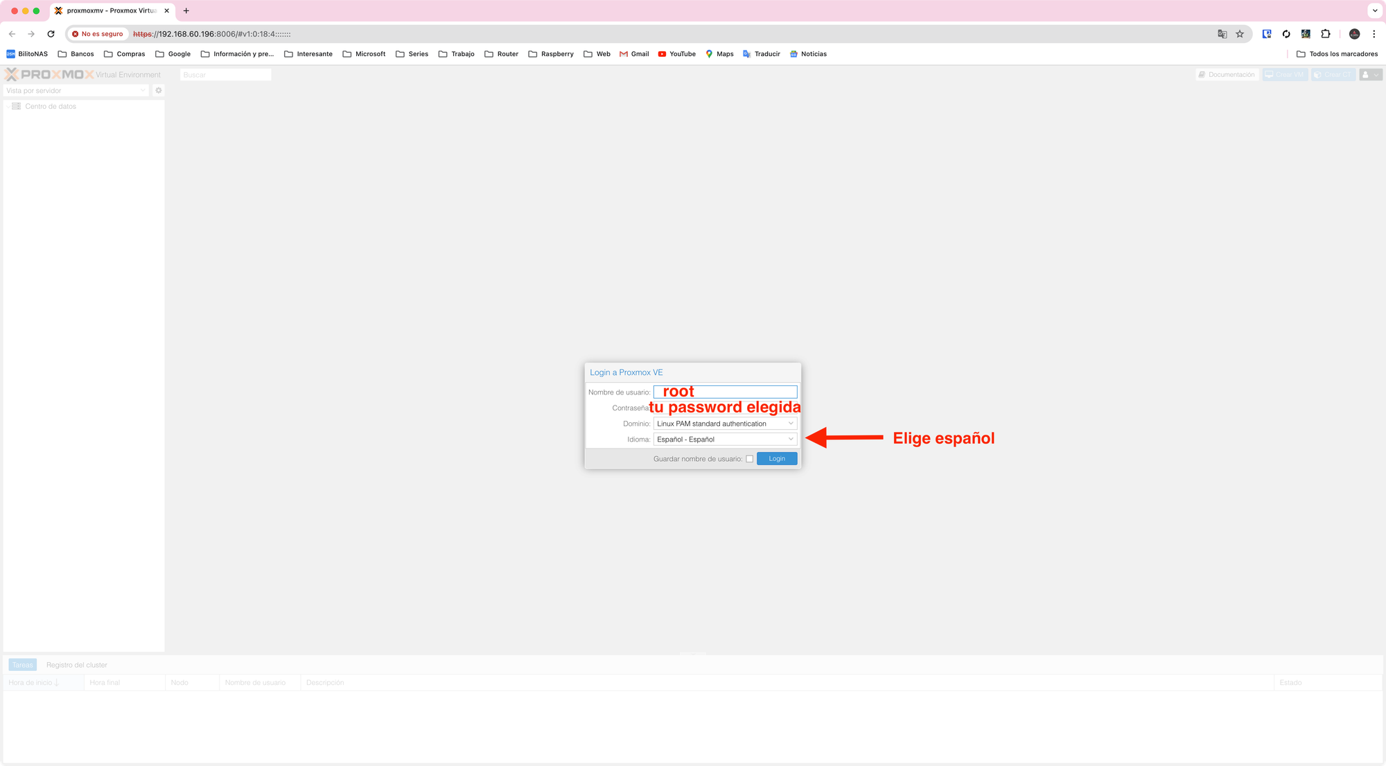 pantalla de login en la interfaz de gestión de Proxmox